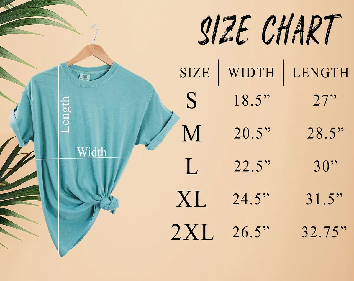 Comfort Colors 1717 T-shirt size chart with adult garment measurements