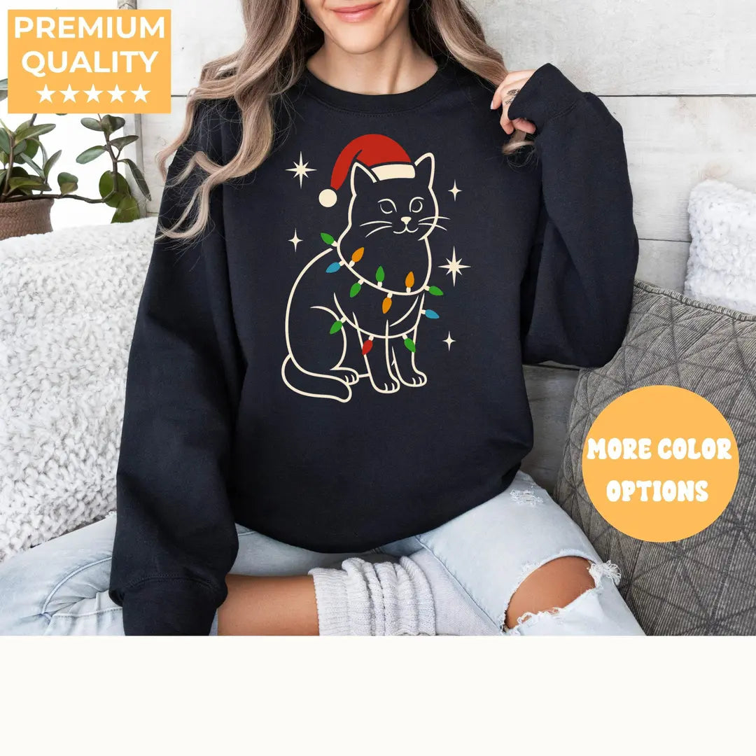 BLACK Crewneck sweatshirt with Cat Christmas design, alternate product view.