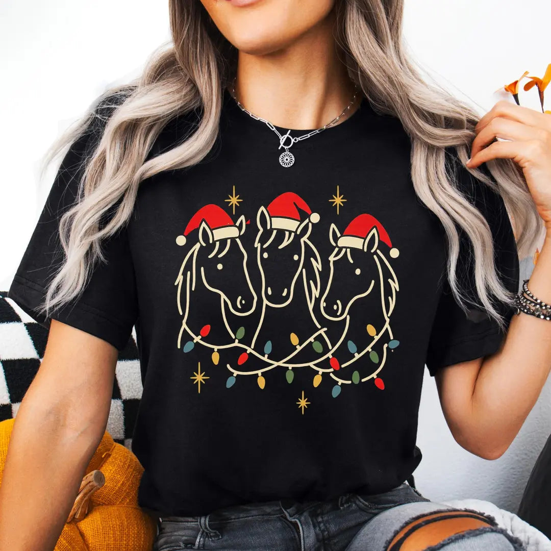 BLACK Crewneck sweatshirt with Horse Christmas design shown on a model.