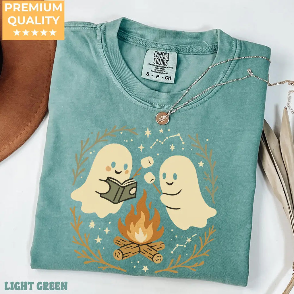 Ghost Campfire Book Club - Halloween Reader Comfort Colors T-Shirt alternate product view.