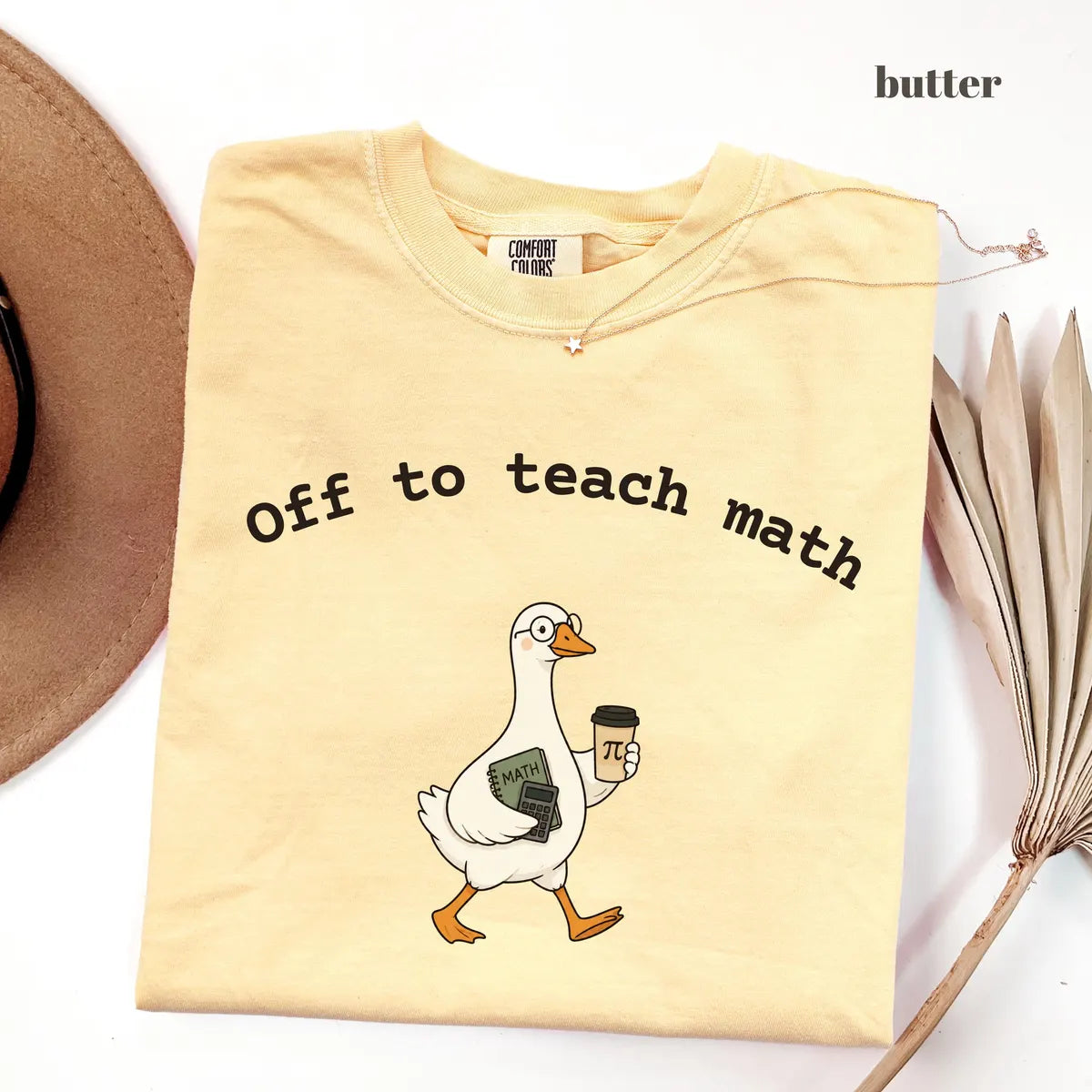 Butter Comfort Colors 1717 T-shirt with Off to Teach Math design worn by a model