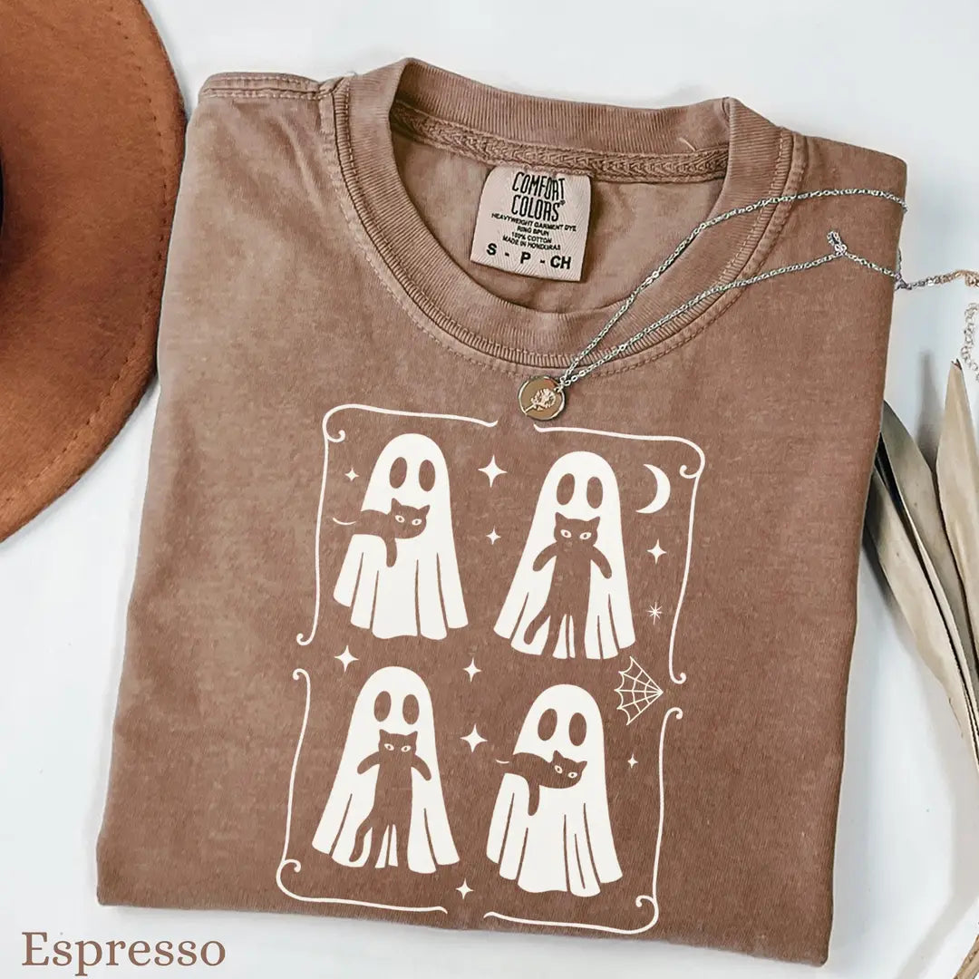 Black Cats Under Ghost Sheets - Halloween Comfort Colors T-Shirt alternate product view in Espresso.