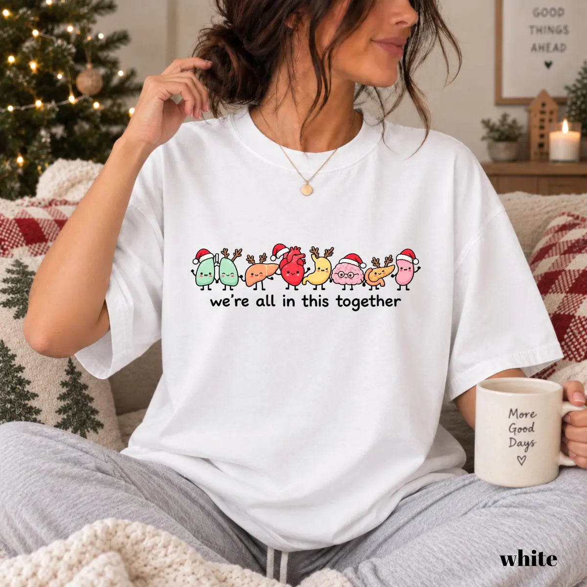 White Comfort Colors 1717 T-shirt with Christmas Nurse design worn by a model view 2