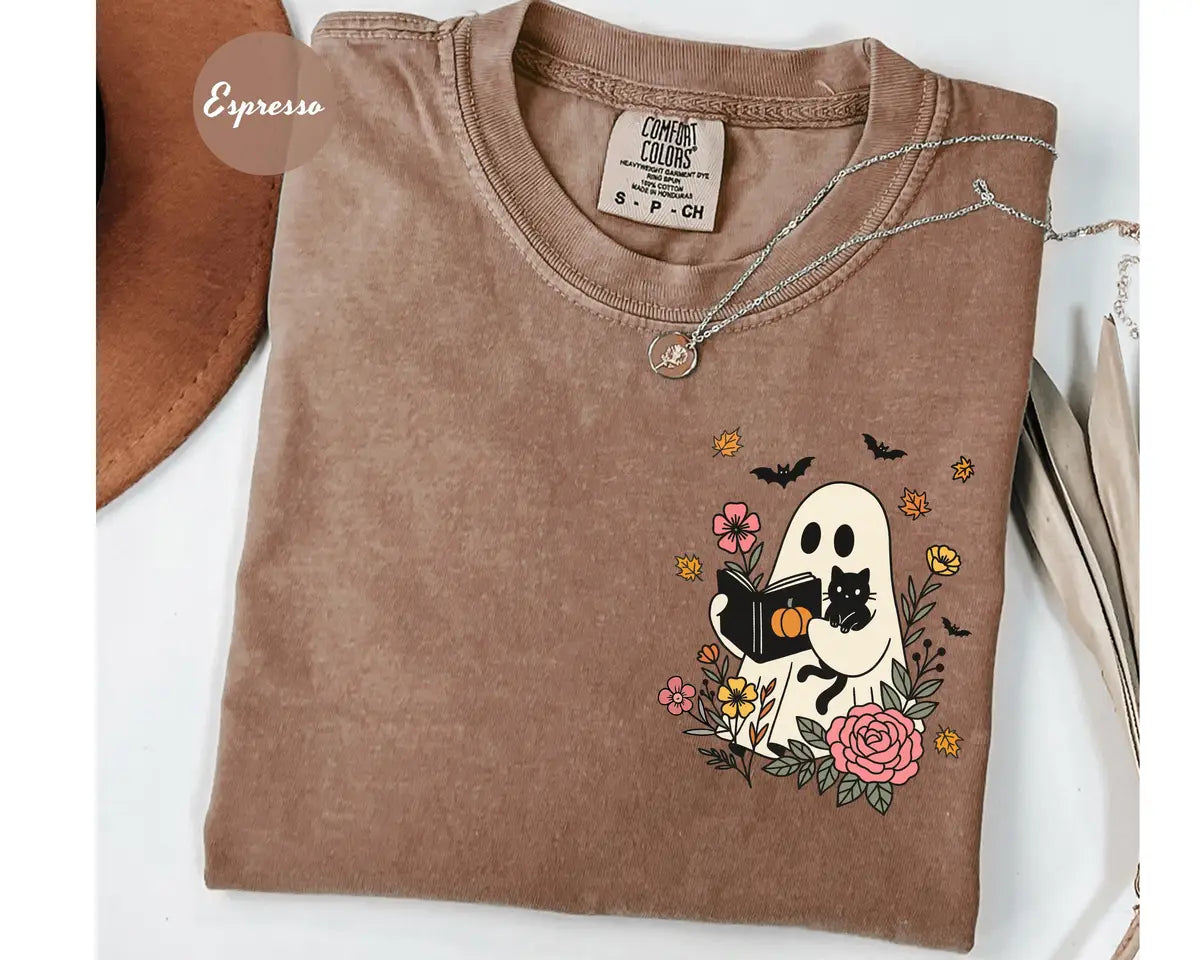 Espresso Comfort Colors 1717 T-shirt with Floral Halloween Ghost and Black Cat design