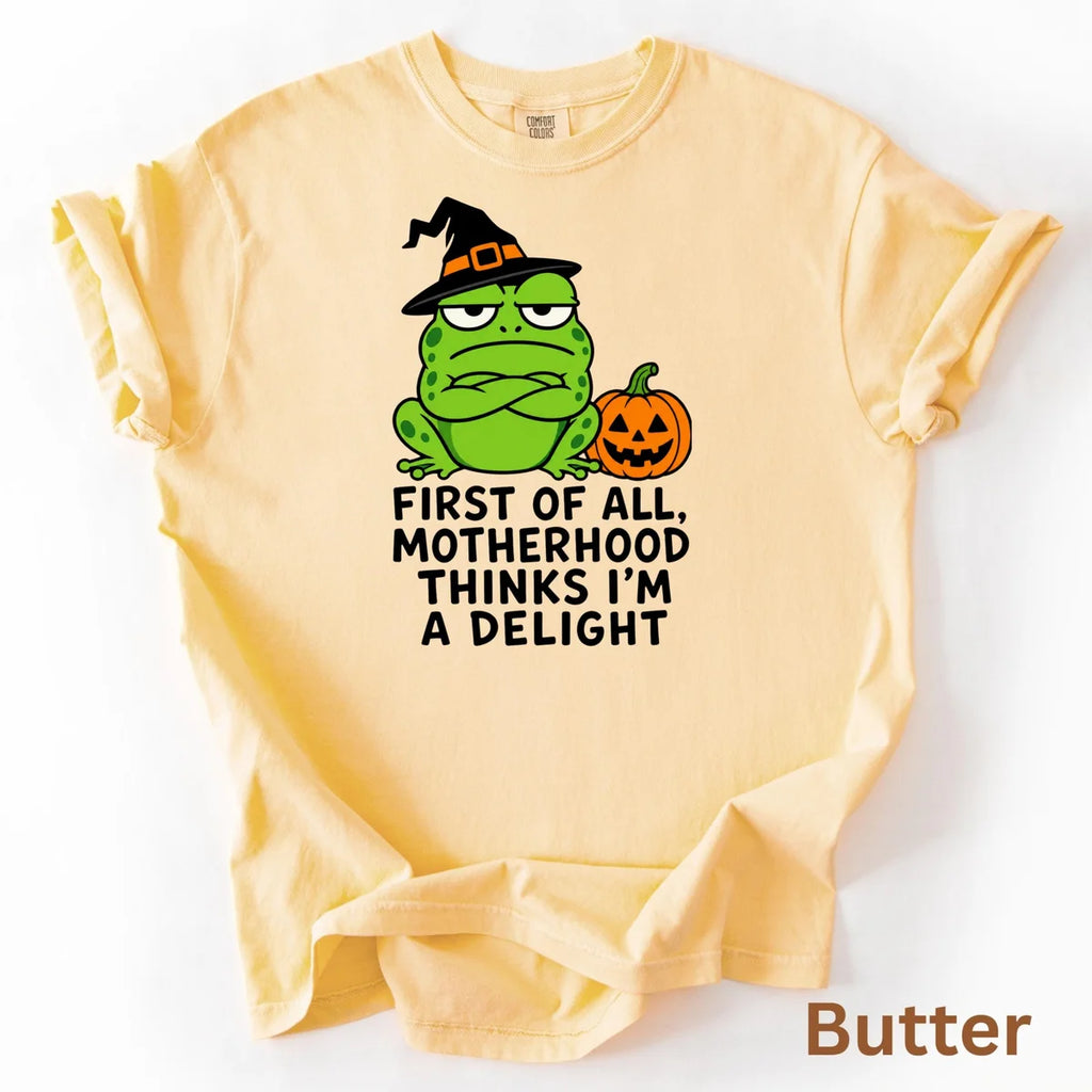 First of All Motherhood Thinks I'm a Delight - Frog Mom Comfort Colors T-Shirt alternate product view in Butter.