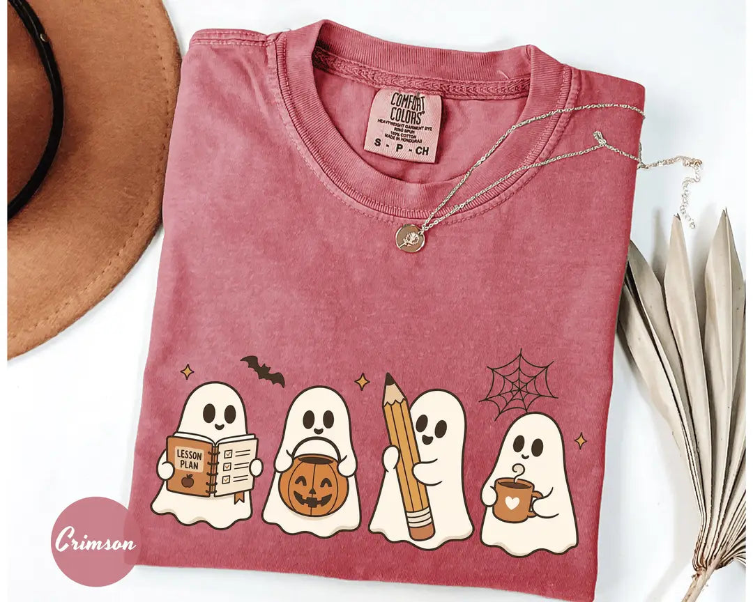 Crimson Comfort Colors 1717 T-shirt with Halloween Teacher Ghost design