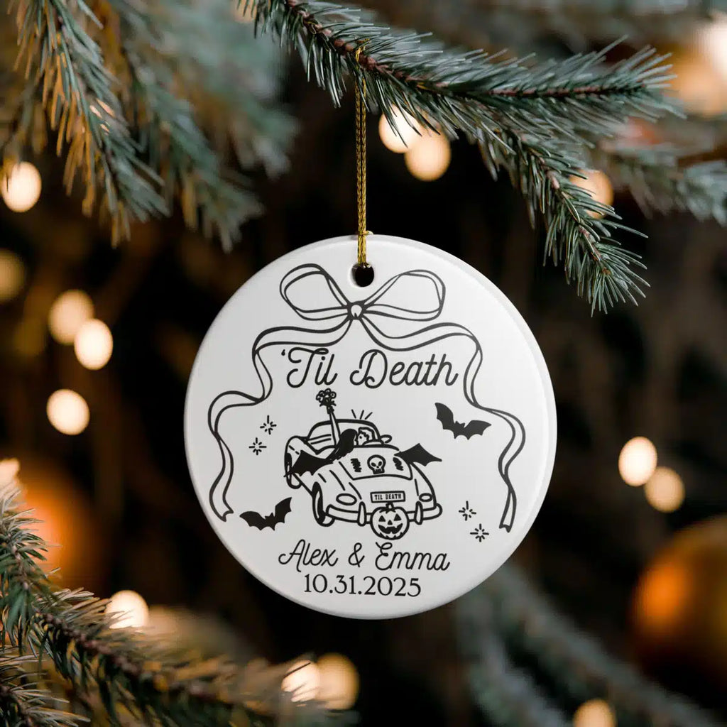 Additional view of a Til Death personalized ceramic ornament.