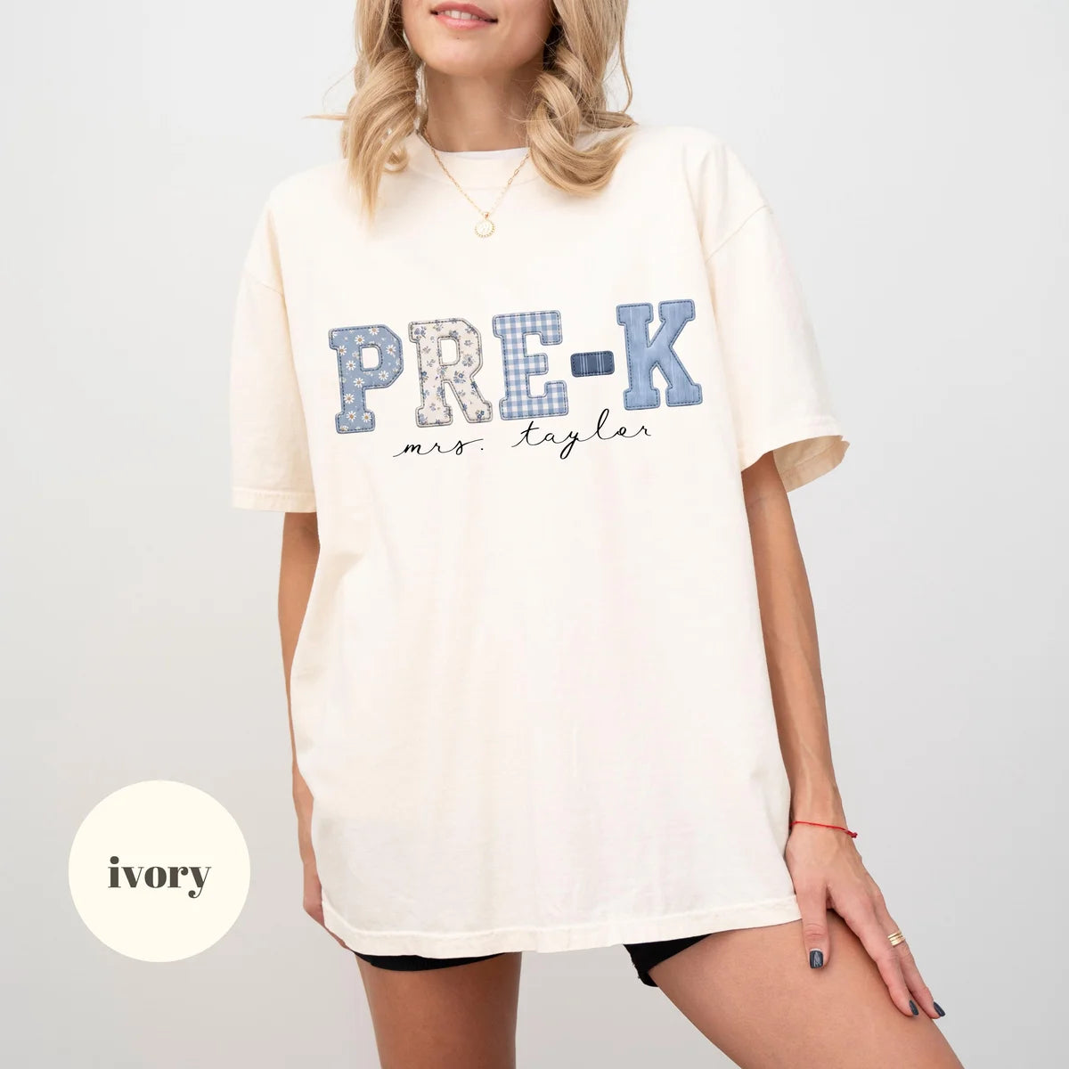 Ivory Comfort Colors 1717 T-shirt with Pre K Teacher design view 2