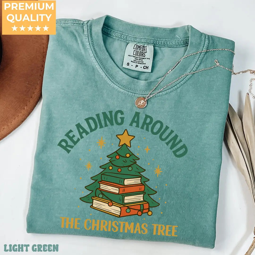 Light Green Comfort Colors 1717 T-shirt with Books Christmas design, alternate product view.