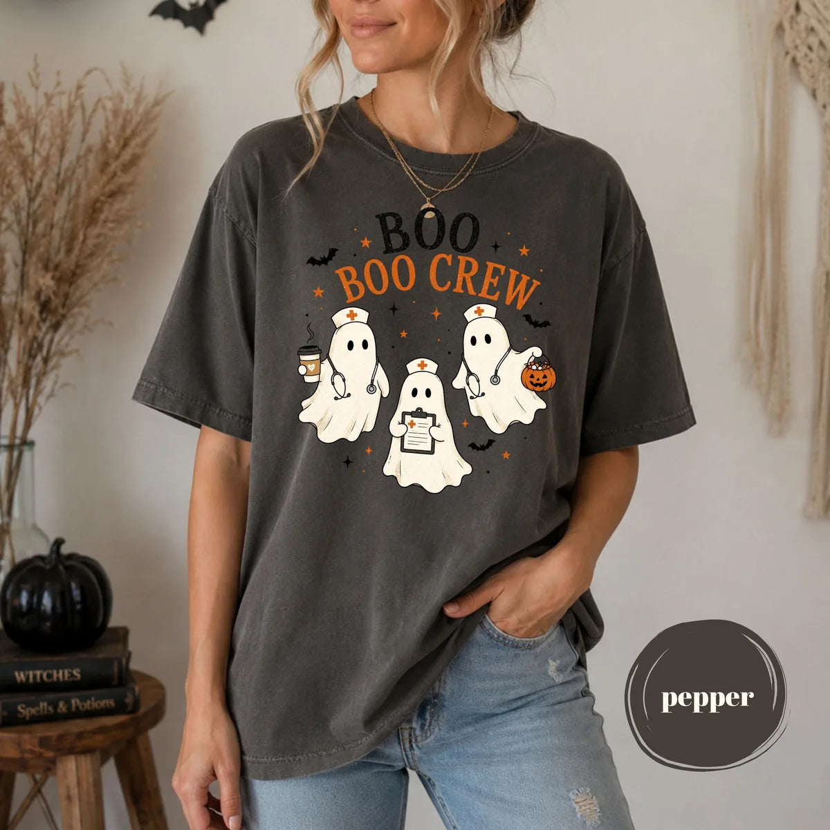 Pepper Comfort Colors 1717 T-shirt with Boo Boo Crew Ghost Nurse design view 2
