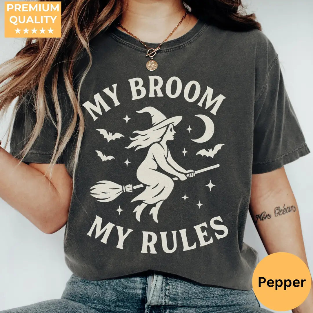 My Broom My Rules - Witch Halloween Comfort Colors T-Shirt hero view in Pepper.