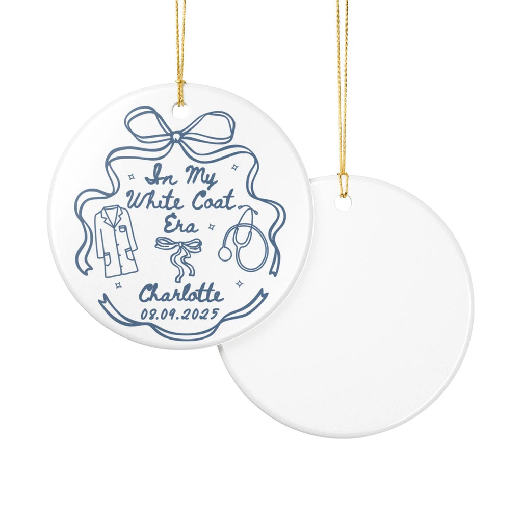 Front and back views of a White Coat Era personalized ceramic ornament.