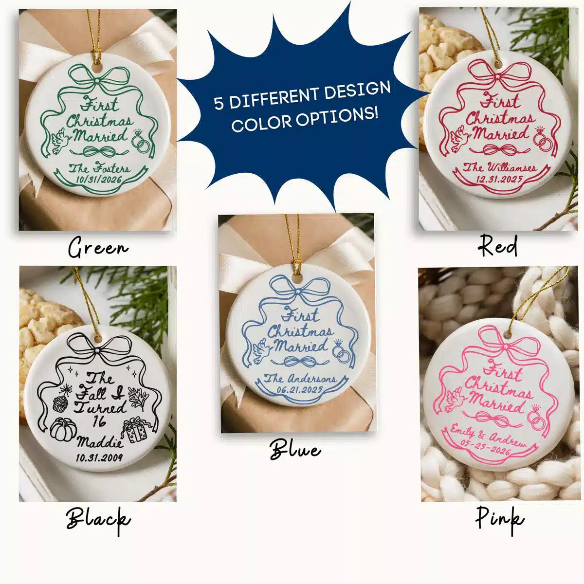 Personalization and design options for a First Christmas Married personalized ceramic ornament.