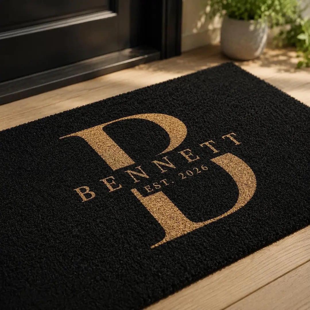 Close view of a black doormat with a gold monogram B, family name, and established year