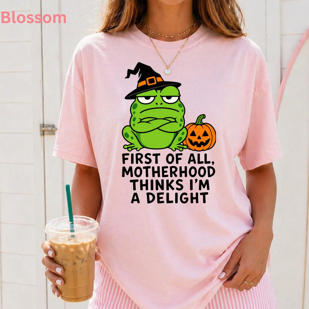 First of All Motherhood Thinks I'm a Delight - Frog Mom Comfort Colors T-Shirt alternate product view in Blossom.