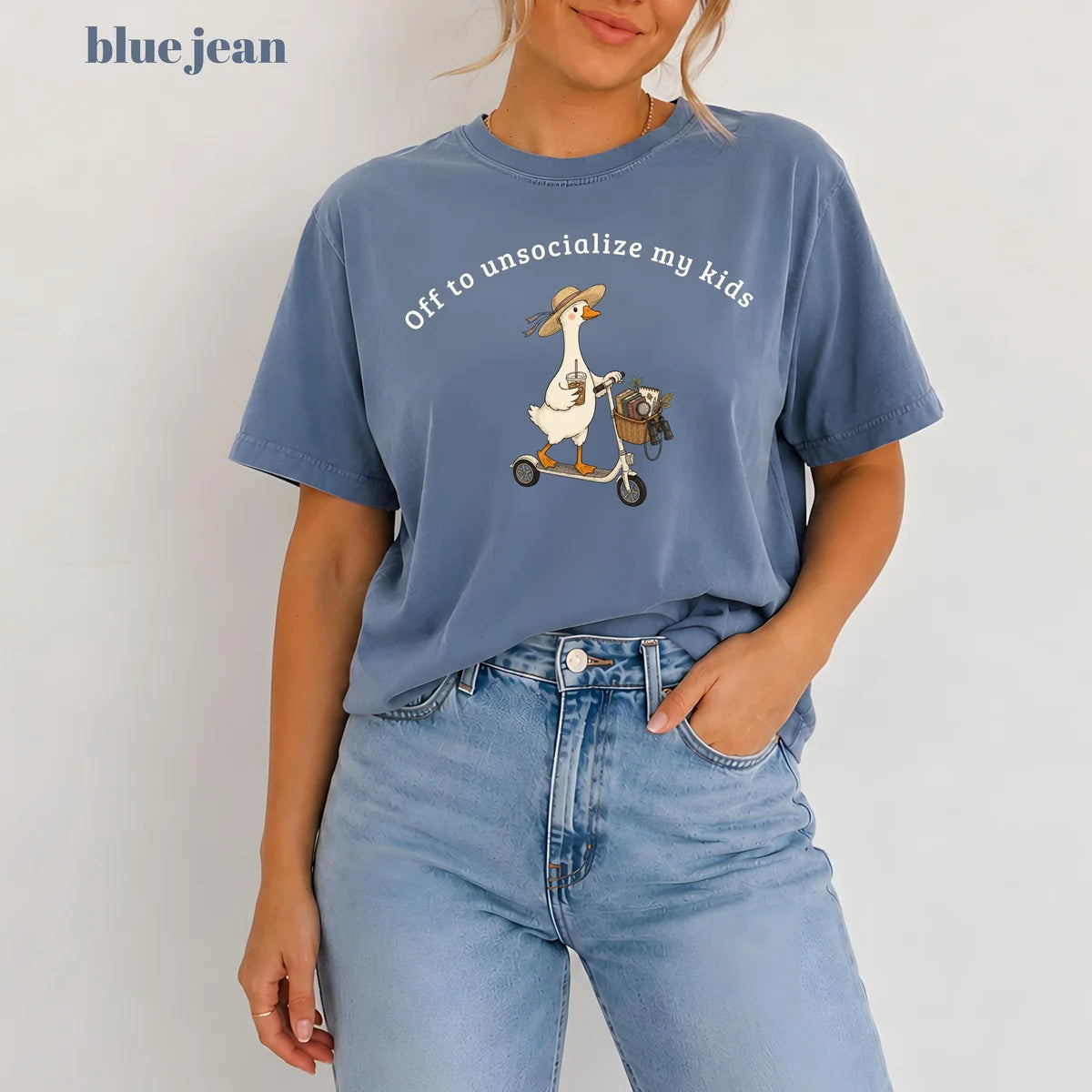Blue Jean Comfort Colors 1717 T-shirt with Off To Unsocialize My Kids Goose design worn by a model