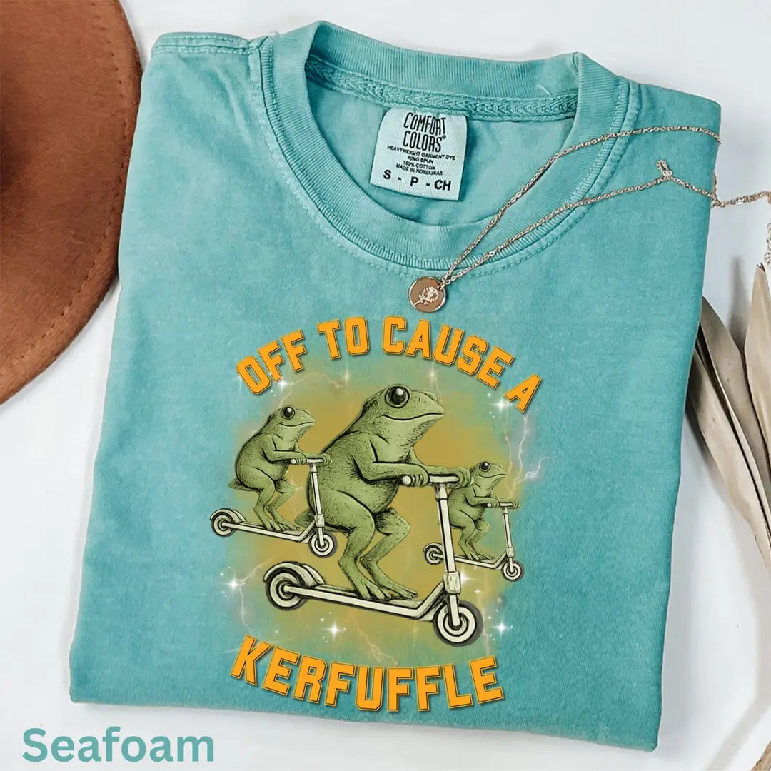 Seafoam Comfort Colors 1717 T-shirt with Off To Cause A Kerfuffle Funny Frog Scooter Silly Animal Mental Health Adult Humor Sarcastic design, alternate product view.