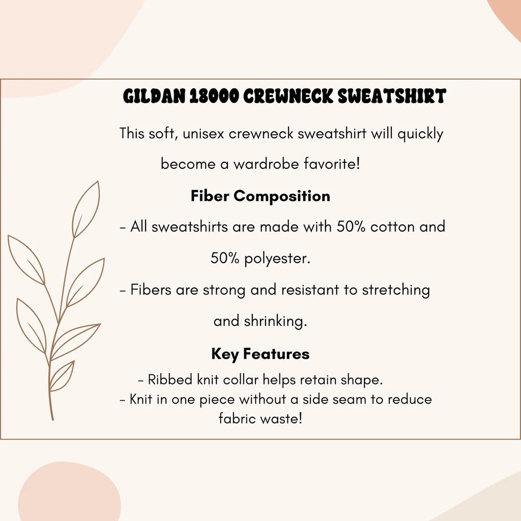 Crewneck sweatshirt product details card showing construction and care information.
