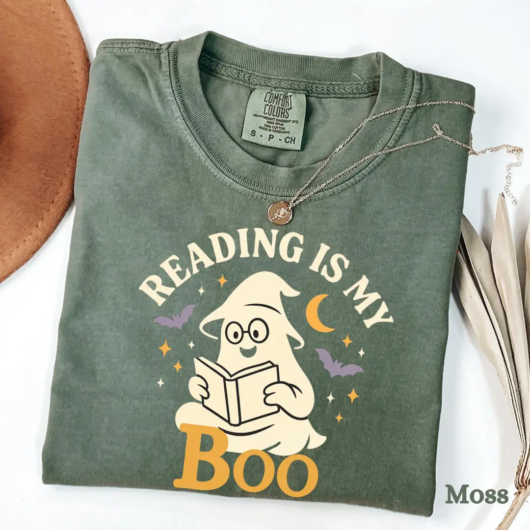 Reading Is My Boo - Ghost Book Lover Comfort Colors T-Shirt alternate product view in Moss.