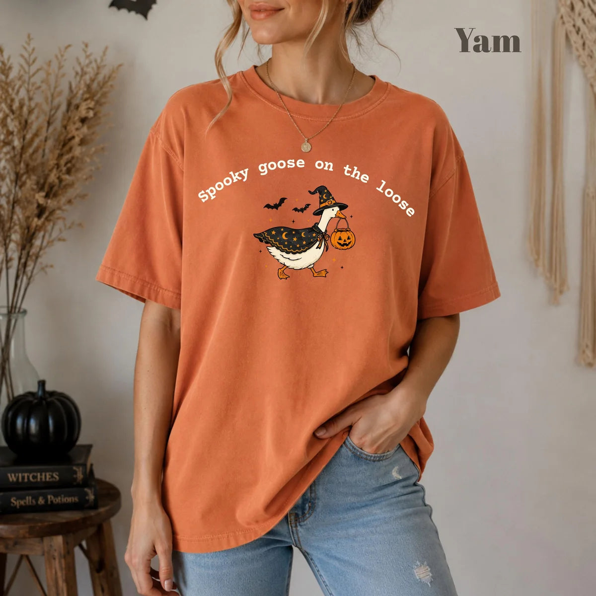 Yam Comfort Colors 1717 T-shirt with Spooky Goose On The Loose design worn by a model view 2