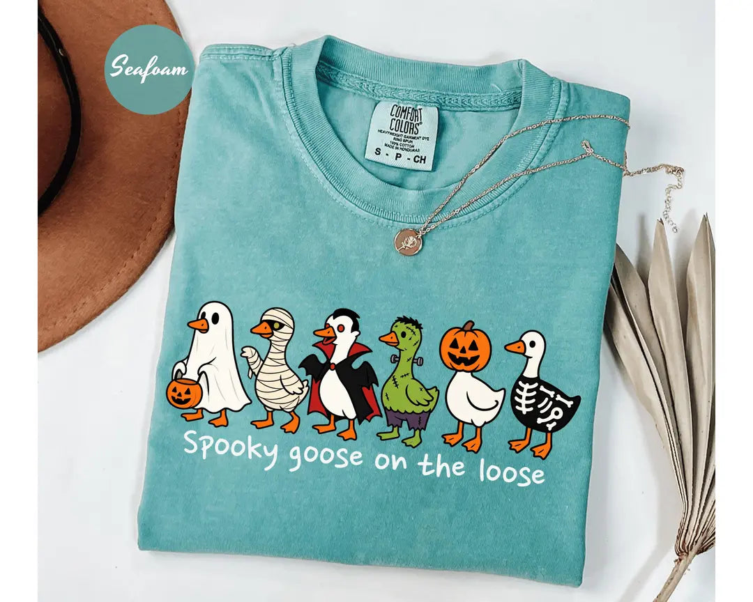 Seafoam Comfort Colors 1717 T-shirt with Just a Spooky Goose design