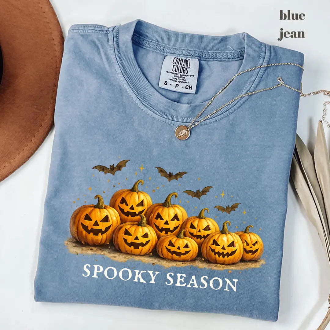 Blue Jean Comfort Colors 1717 T-shirt with Spooky Season Pumpkin design