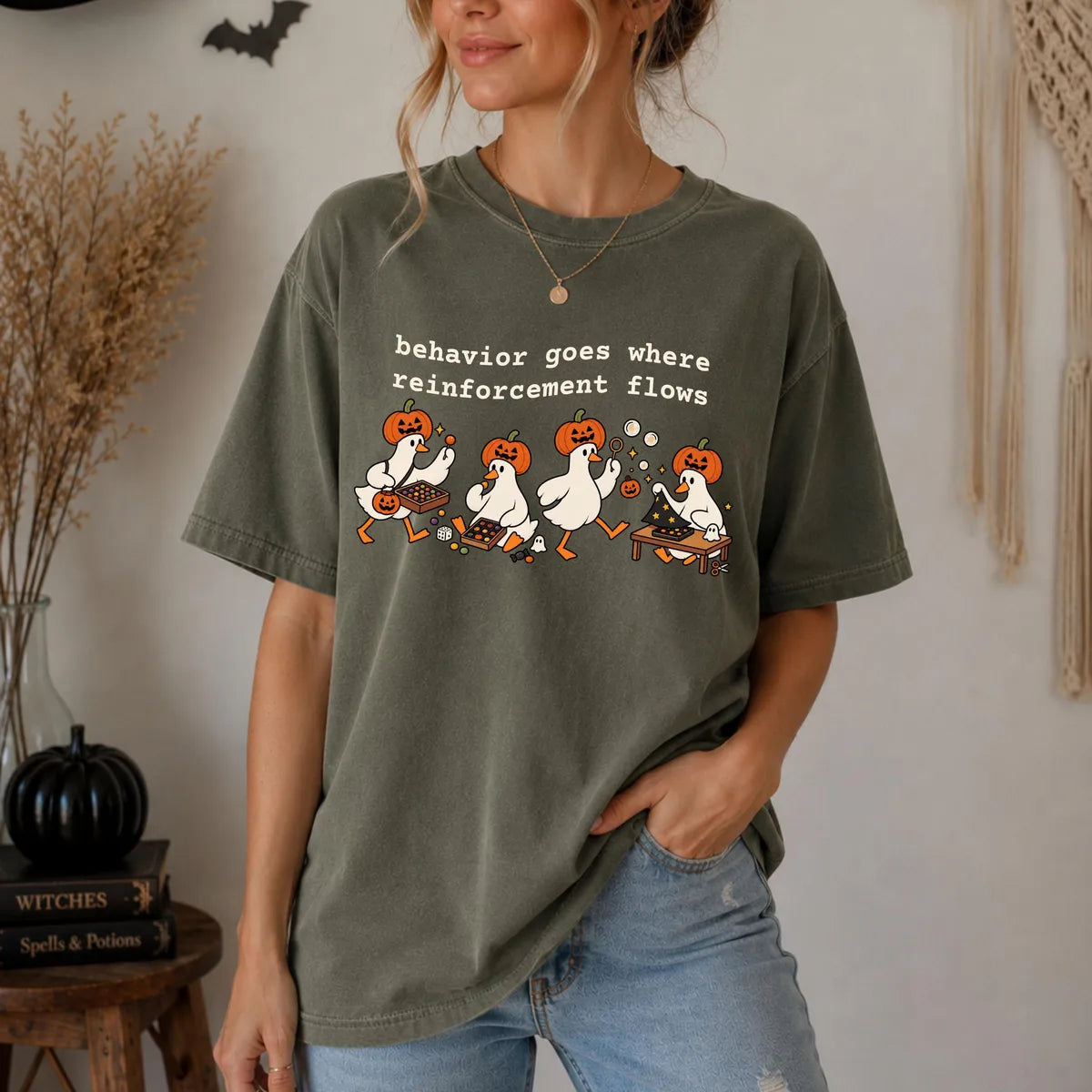 Comfort Colors 1717 T-shirt with Behavior Goes Where Reinforcement Flows design worn by a model view 3