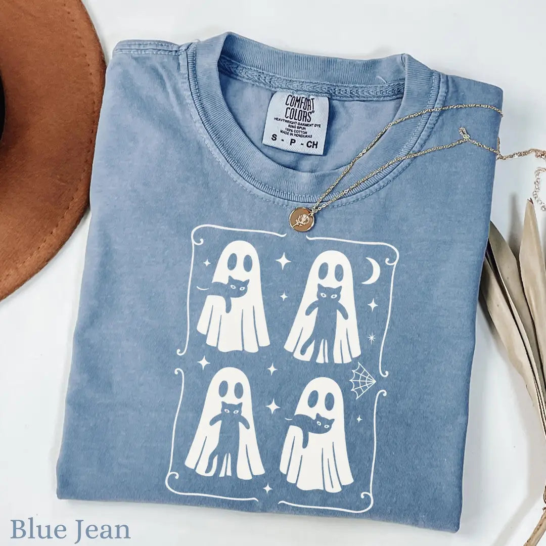 Black Cats Under Ghost Sheets - Halloween Comfort Colors T-Shirt alternate product view in Blue Jean.