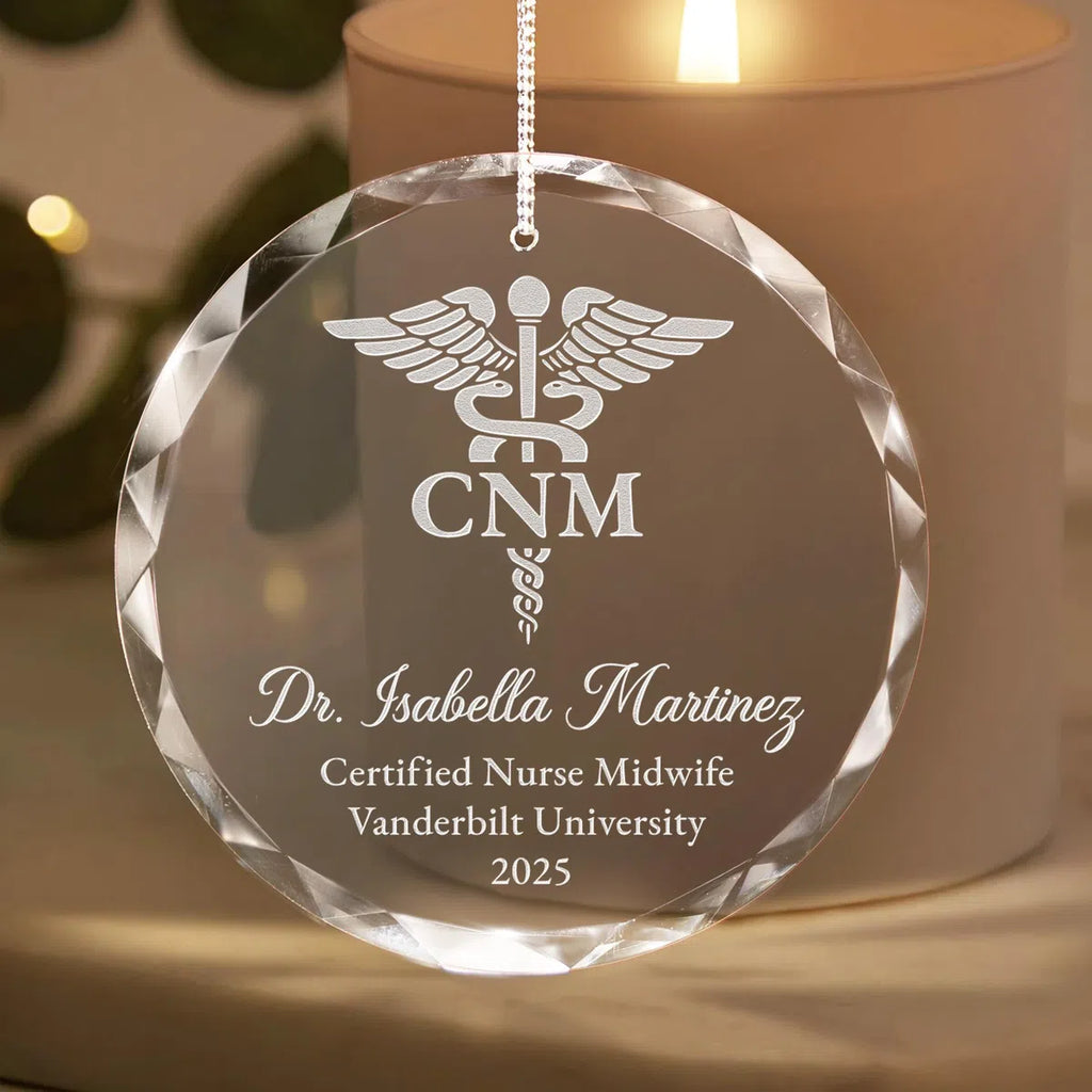 Additional view of a Certified Nurse Midwife personalized engraved engraved crystal glass ornament.