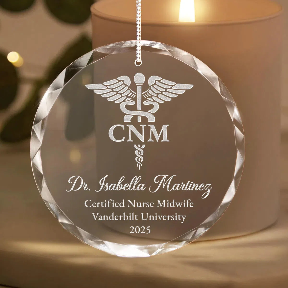 Additional view of a Certified Nurse Midwife personalized engraved engraved crystal glass ornament.