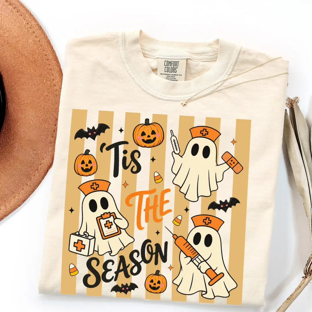 Tis The Season Nurse Halloween Comfort Colors T-Shirt alternate product view in Ivory.