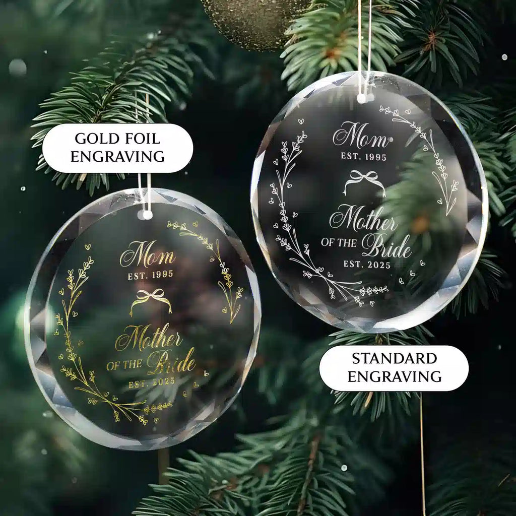 Additional view of a Mother Of Bride personalized engraved engraved crystal glass ornament.
