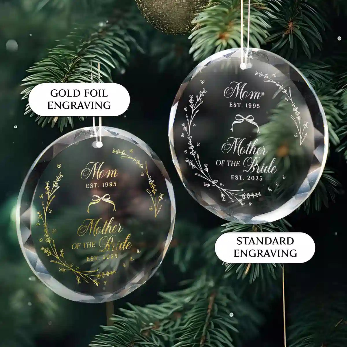 Additional view of a Mother Of Bride personalized engraved engraved crystal glass ornament.