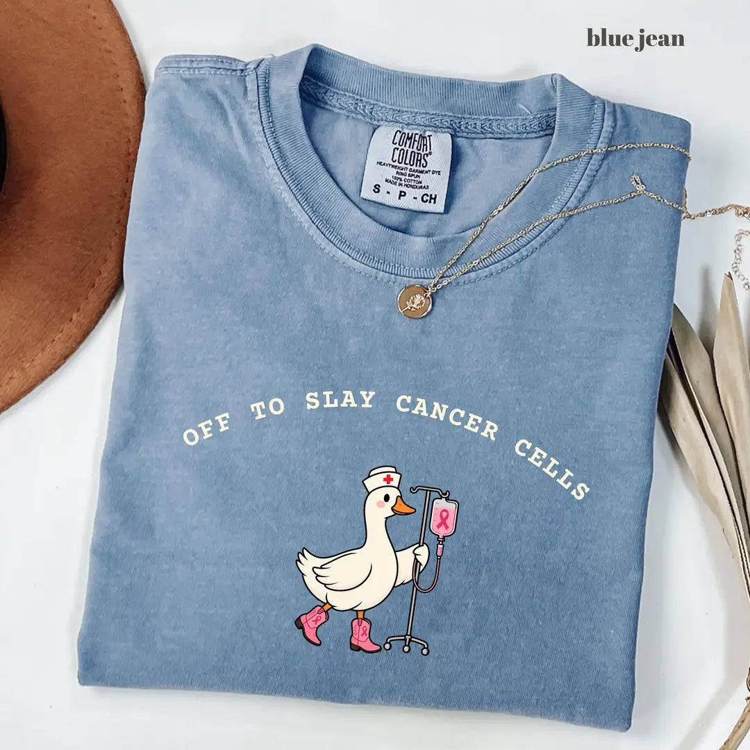 Blue Jean Comfort Colors 1717 T-shirt with Oncology Nurse design worn by a model