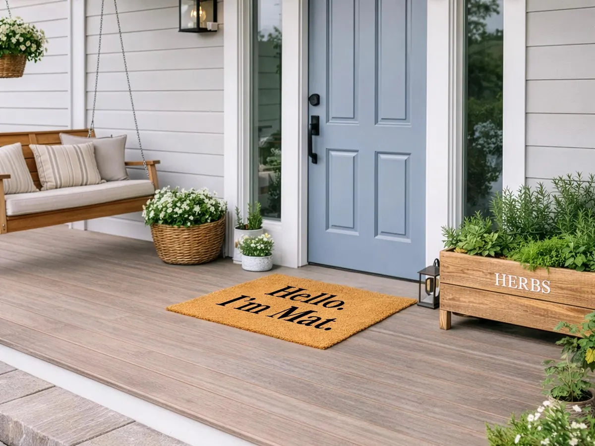 Coir doormat with a Hello I'm Mat message on a porch with a swing and a light blue door