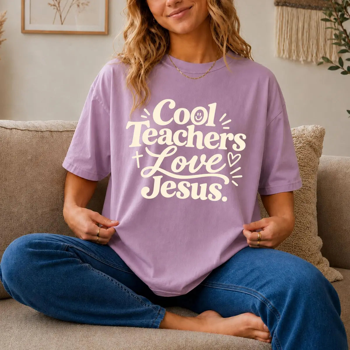 Comfort Colors 1717 T-shirt with Cool Teachers Love Jesus design worn by a model
