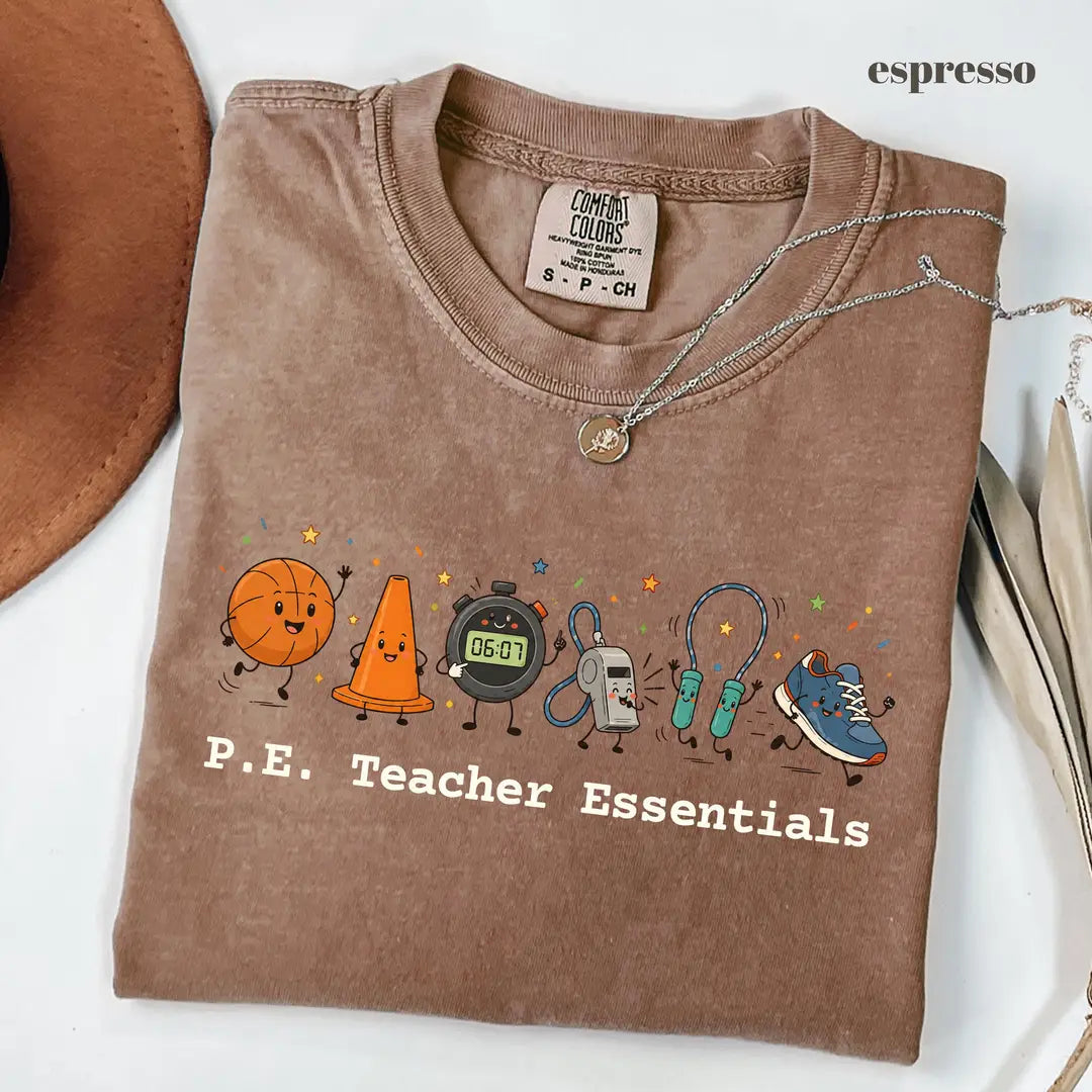 Espresso Comfort Colors 1717 T-shirt with P.E Teacher Essentials design