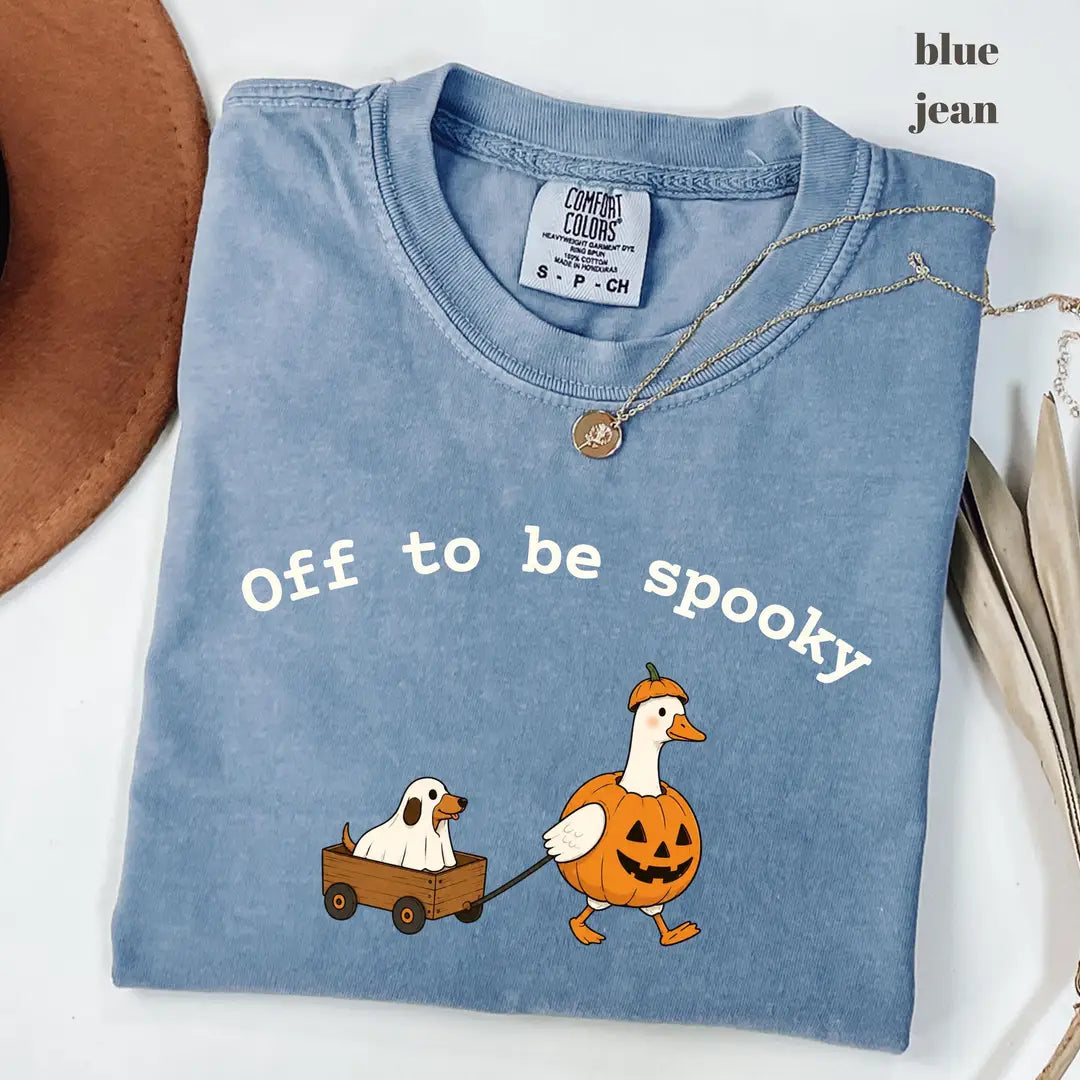 Blue Jean Comfort Colors 1717 T-shirt with Off To Be Spooky design worn by a model