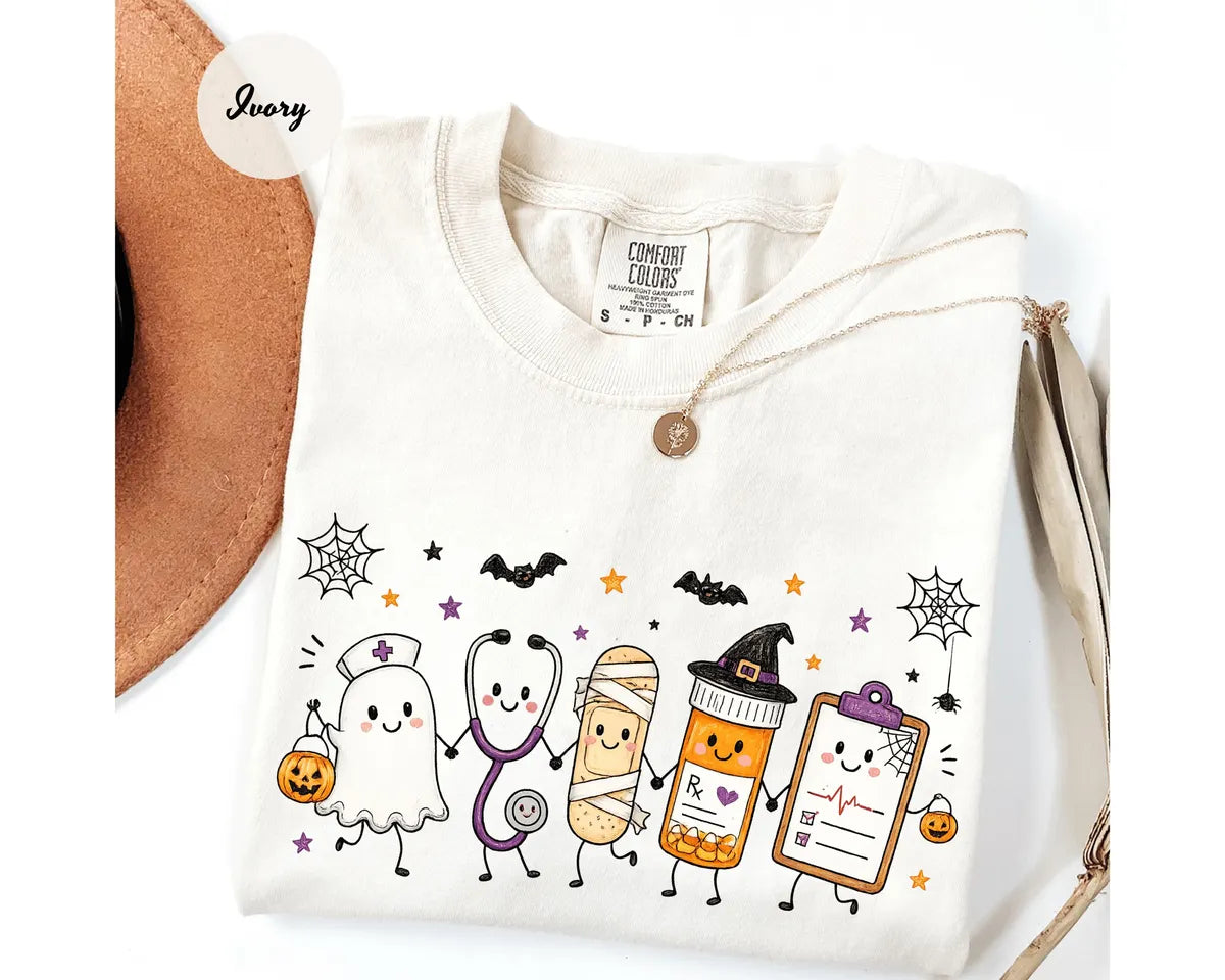 Ivory Comfort Colors 1717 T-shirt with Halloween Nurse Doodle design worn by a model