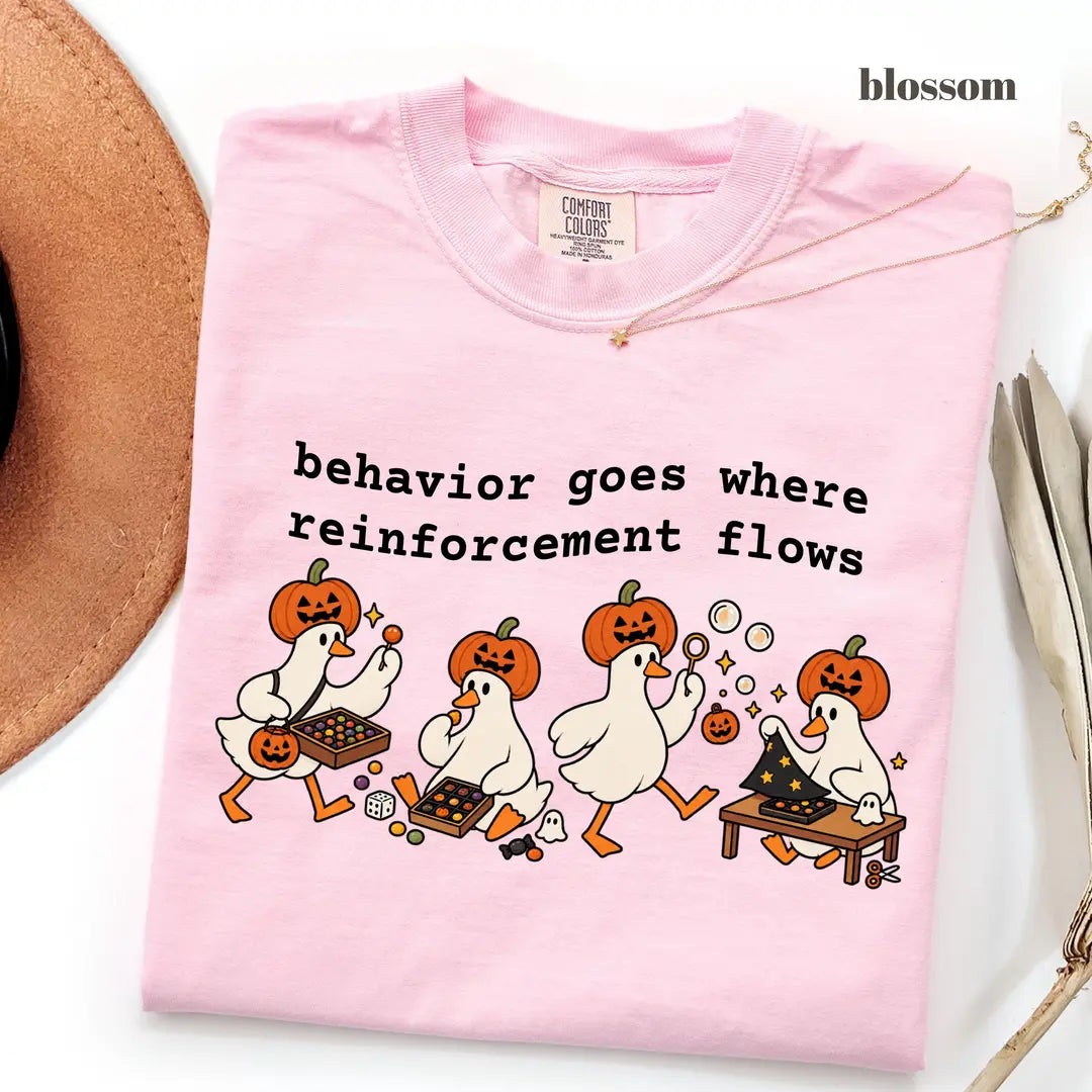 Blossom Comfort Colors 1717 T-shirt with Behavior Goes Where Reinforcement Flows design worn by a model