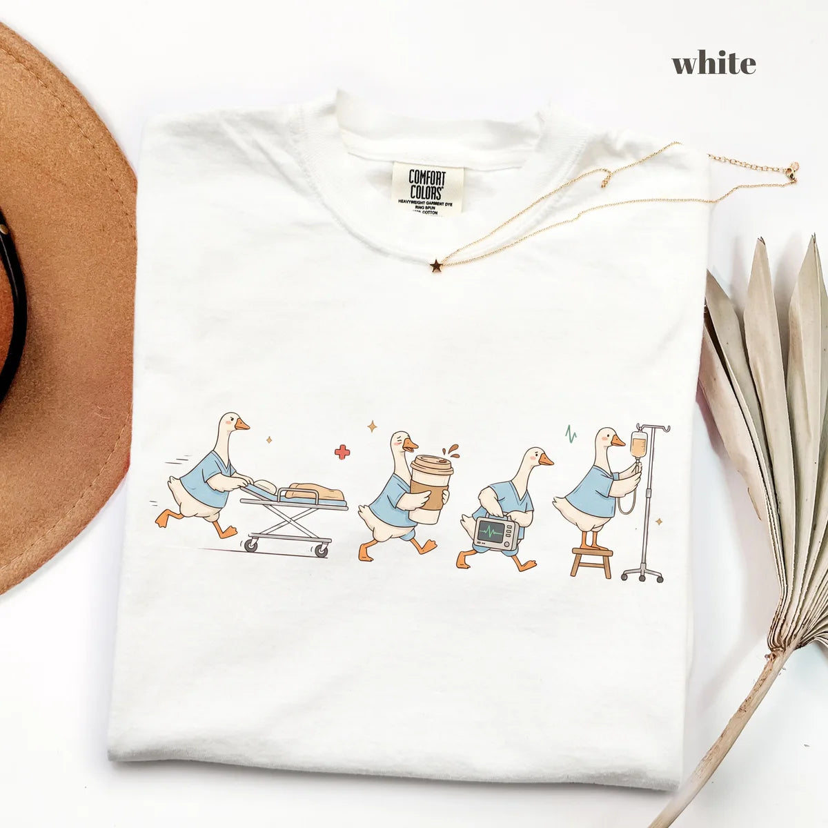 White Comfort Colors 1717 T-shirt with ER Nurse Goose design