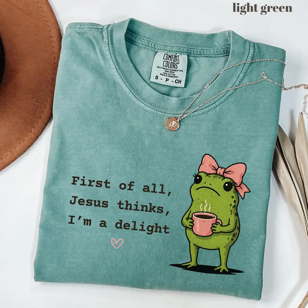 Comfort Colors 1717 T-shirt with First of All Jesus Thinks Im a Delight design worn by a model view 2