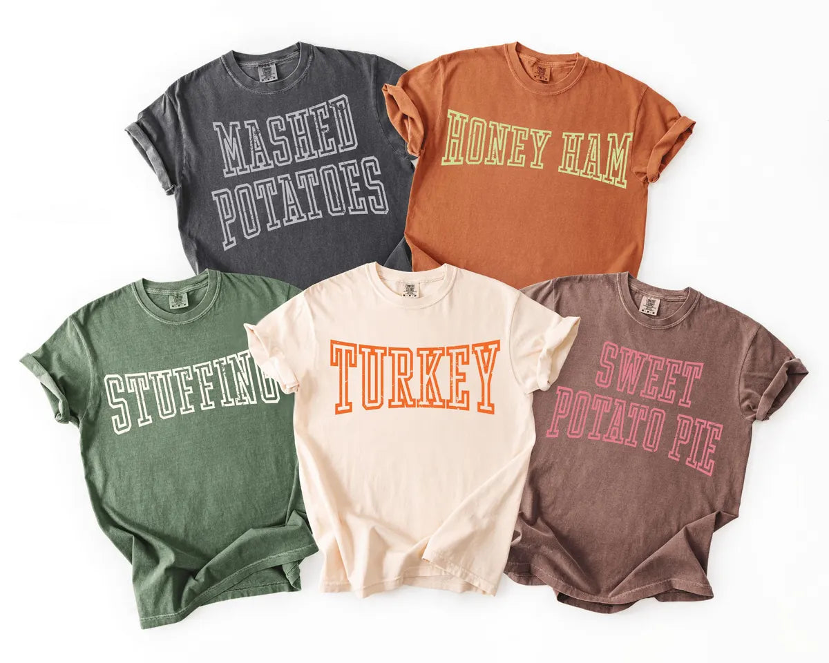 Comfort Colors 1717 T-shirt with Varsity Thanksgiving Dinner Food design
