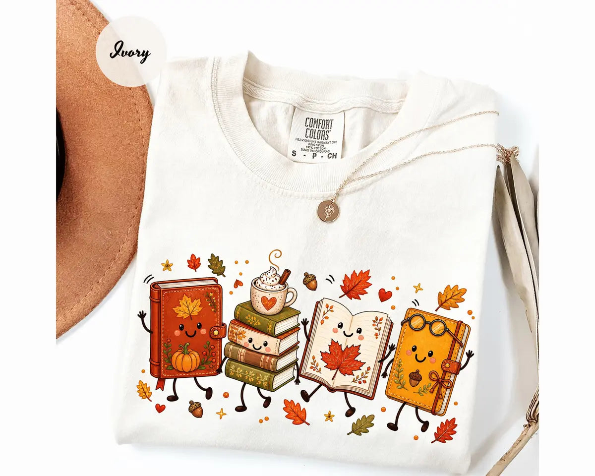 Ivory Comfort Colors 1717 T-shirt with Cozy Book Lover Doodle design