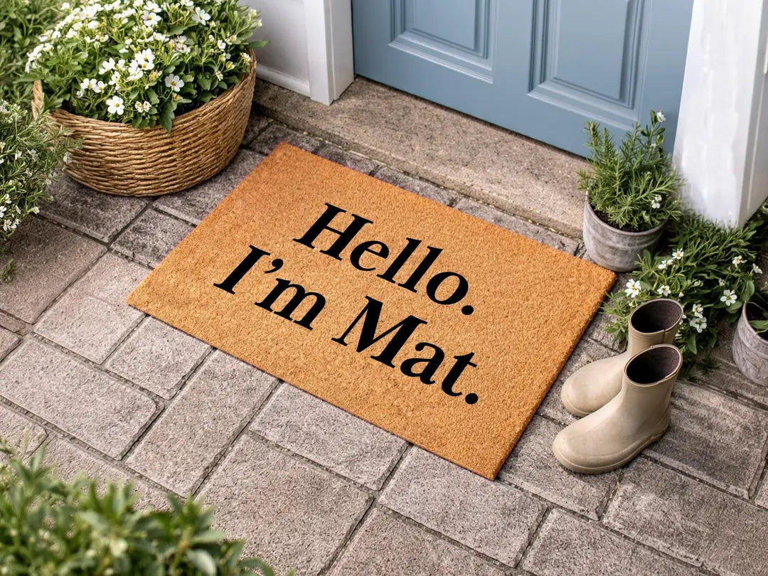 Coir doormat with a Hello I'm Mat message on brick pavers beside a light blue door with rain boots