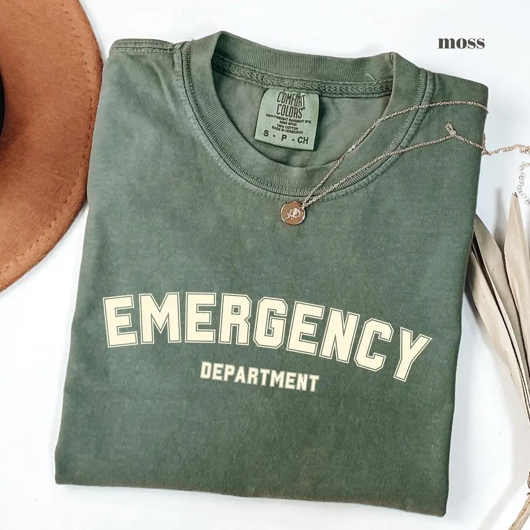 Moss Comfort Colors 1717 T-shirt with Emergency Department design view 2