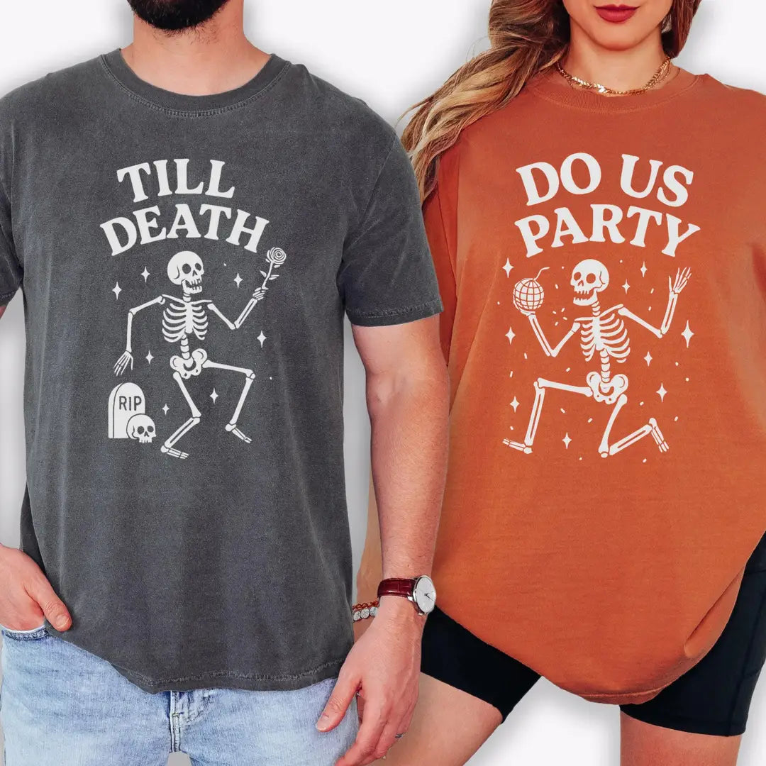 Till Death Do Us Party - Matching Skeleton Comfort Colors T-Shirt alternate product view.