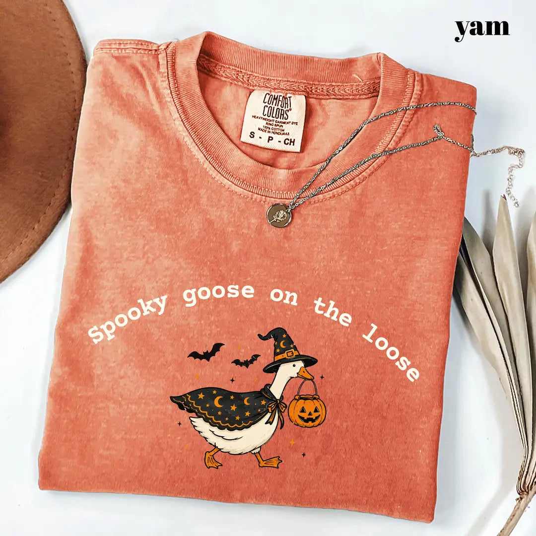 Yam Comfort Colors 1717 T-shirt with Spooky Goose On The Loose design worn by a model