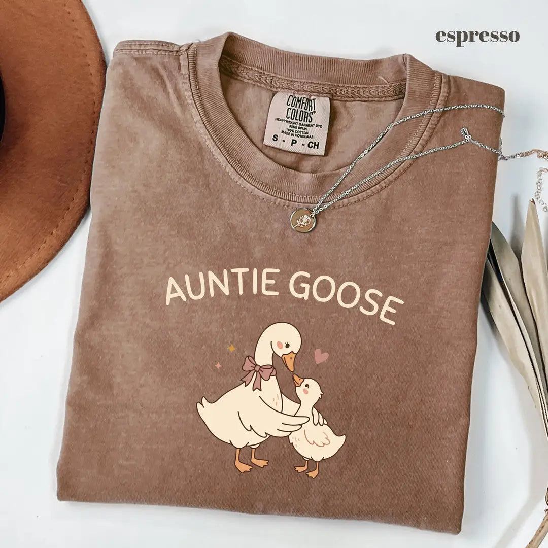 Espresso Comfort Colors 1717 T-shirt with Auntie Goose design worn by a model