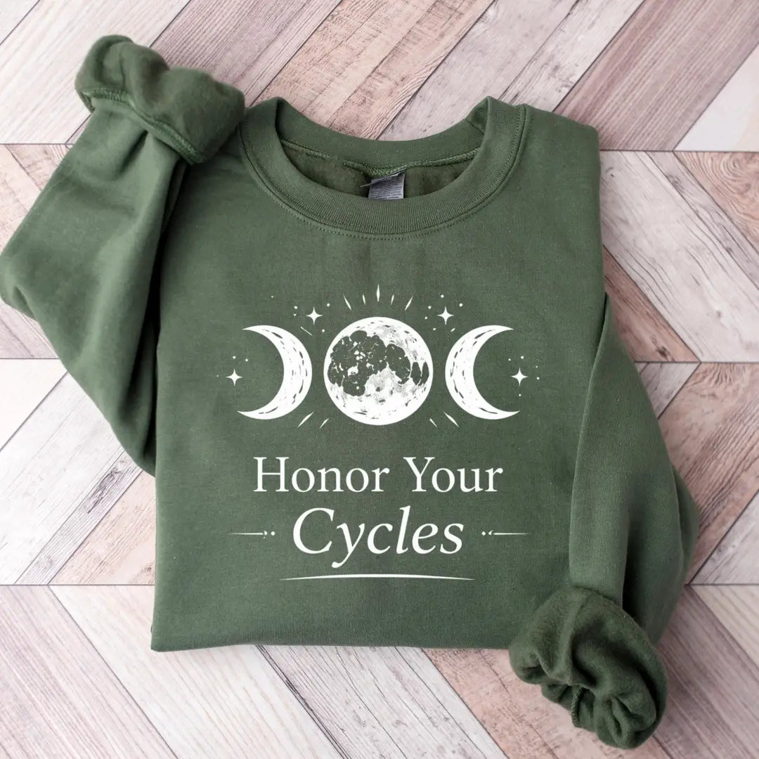 Crewneck sweatshirt with Mental Health Moon Phases design, alternate product view.